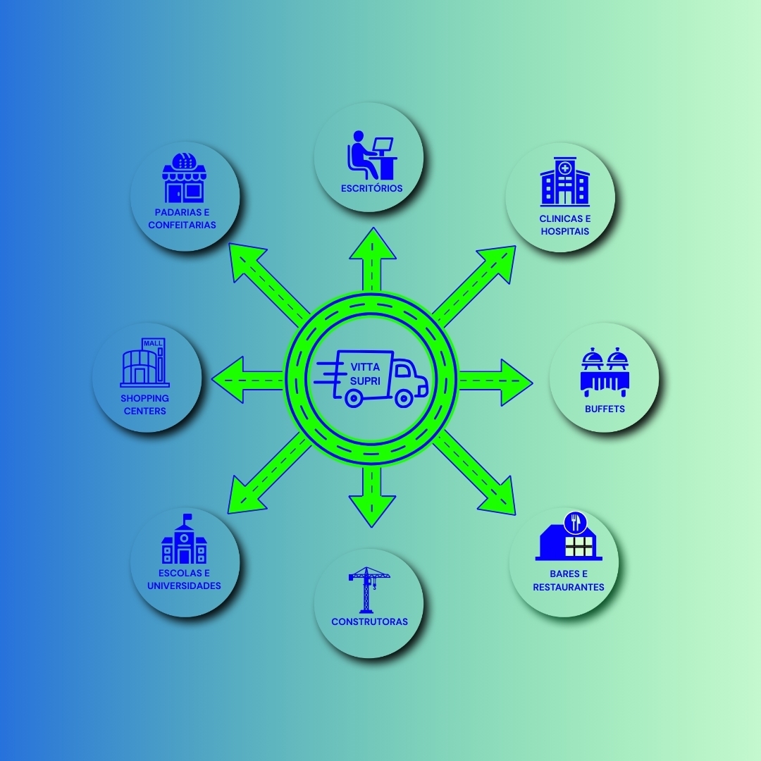 Produtos de limpeza e descartáveis organizados em estoque